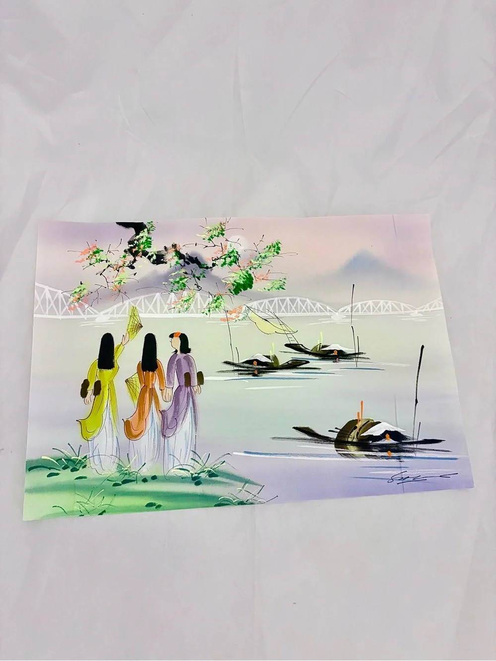 Vintage Hand painted Scene on Fabric Asian Style